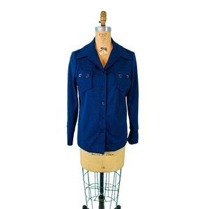 Vintage 70s Cobalt Blue Shirt Womens Large Bust Pockets Polyester Button Down To
